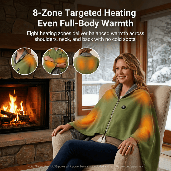 8-Zone USB Heated Shawl in A-Class Cotton, 150 x 80 cm with Zipper | Even 8-Zone Heated Cotton Shawl | Heated Blankets