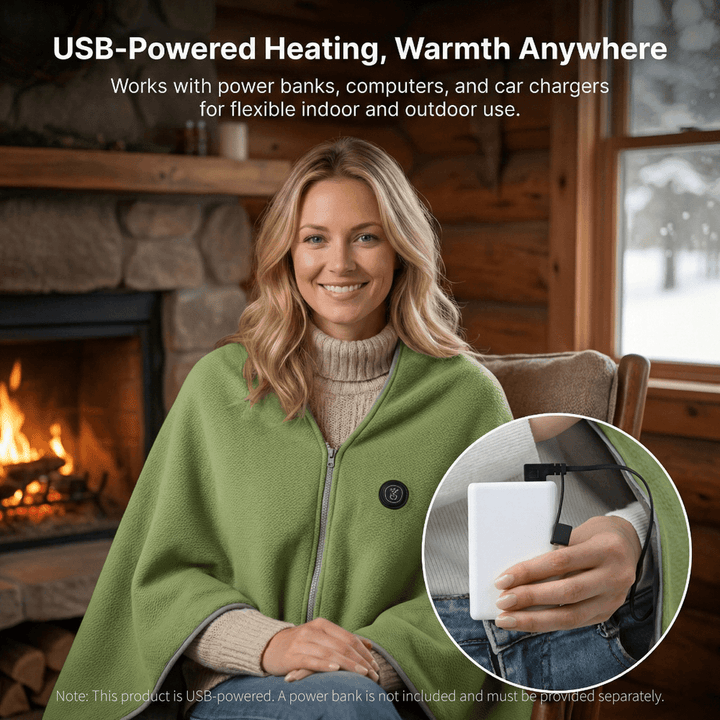 8-Zone USB Heated Shawl in A-Class Cotton, 150 x 80 cm with Zipper | Even 8-Zone Heated Cotton Shawl | Heated Blankets