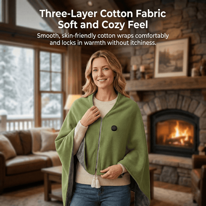 8-Zone USB Heated Shawl in A-Class Cotton, 150 x 80 cm with Zipper | Even 8-Zone Heated Cotton Shawl | Heated Blankets