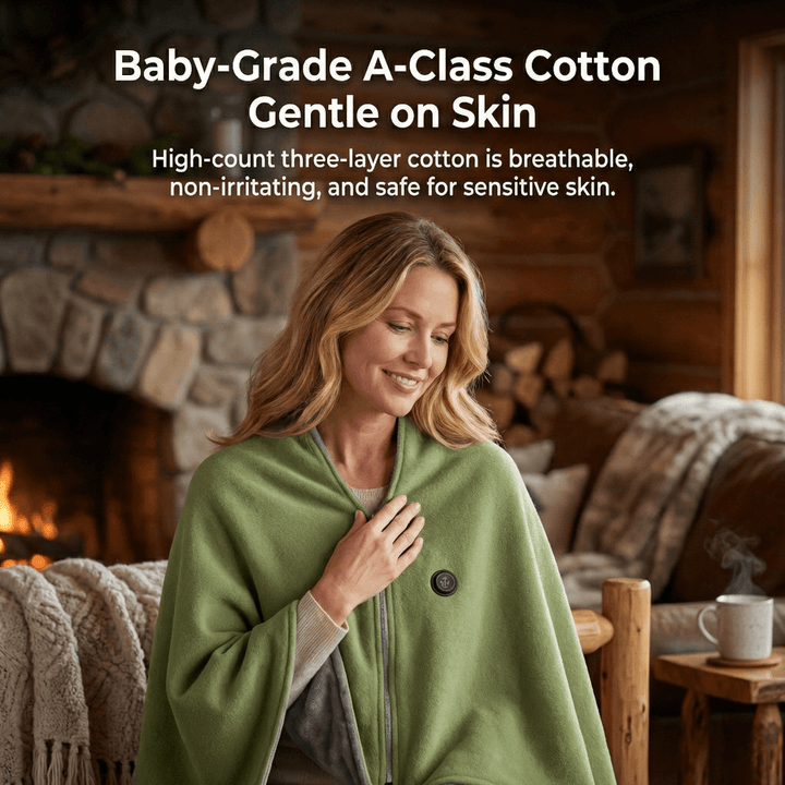 8-Zone USB Heated Shawl in A-Class Cotton, 150 x 80 cm with Zipper | Even 8-Zone Heated Cotton Shawl | Heated Blankets