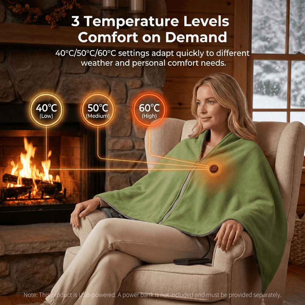 8-Zone USB Heated Shawl in A-Class Cotton, 150 x 80 cm with Zipper | Even 8-Zone Heated Cotton Shawl | Heated Blankets
