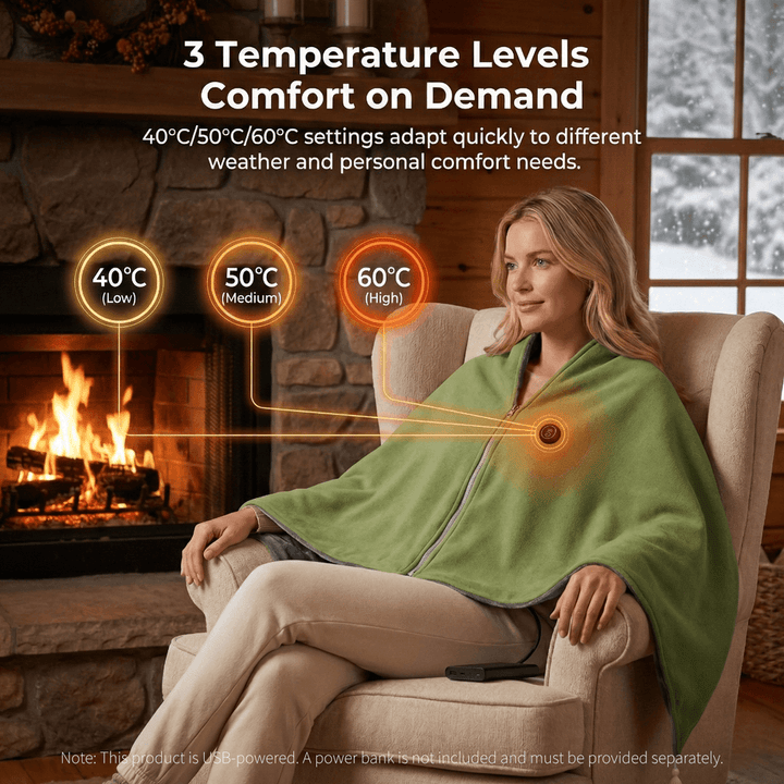 8-Zone USB Heated Shawl in A-Class Cotton, 150 x 80 cm with Zipper | Even 8-Zone Heated Cotton Shawl | Heated Blankets