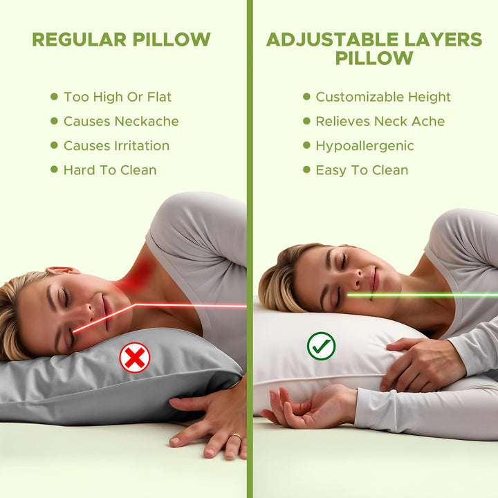 Adjustable Layer Pillow with Removable Fill for Custom Height | Softness and Support Your Way | Bed Pillows
