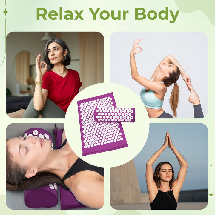 Acupressure Mat and Pillow Set for Relaxation, in Purple, Green or Black | Calming Pressure-Point Mat Set | Acupressure Mats
