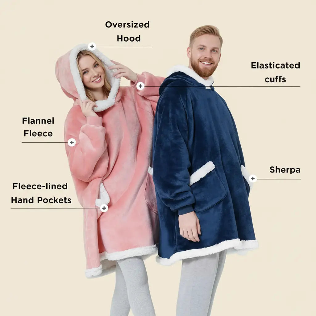 Oversized Flannel Hoodie Blanket with Sherpa Lining, 150 cm | Wearable Warmth Anywhere | Wearable Blankets