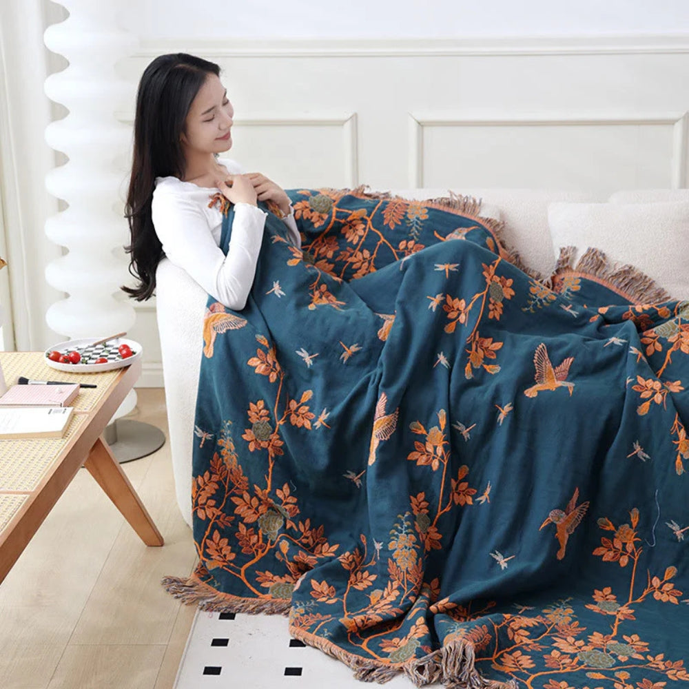 Ornate Multi-Layer Jacquard Cotton Gauze Blanket with Tasselled Edges | Ornate Gauze with Real Depth | Throw Blankets
