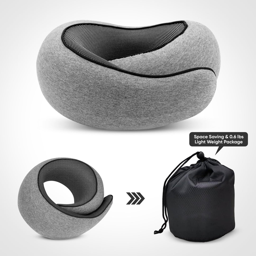 Memory Foam Travel Neck Pillow with Snap Closure and Free Eye Mask | Secure Neck Support With Travel Extras | Travel Pillows