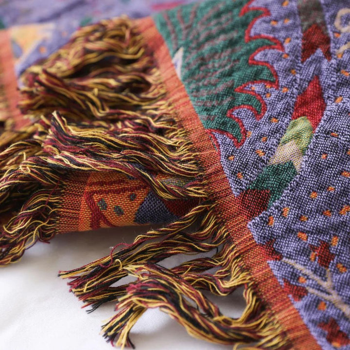 Bohemian Peacock Cotton Gauze Tassel Blanket in Two Sizes | Peacock Pattern in Cotton Gauze | Throw Blankets
