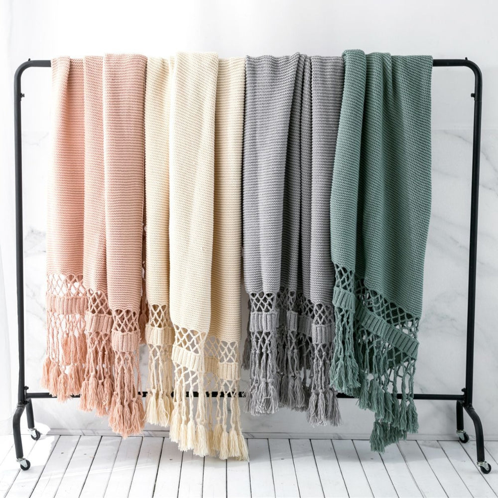Knit Woven Tassel Throw Blanket in Calming Colours | Boho Knit Texture with Tassels | Throw Blankets