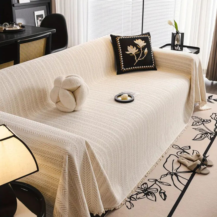 Heavyweight Chenille Herringbone Sofa Cover with Tassels, Non Slip | Herringbone Chenille Sofa Throw | Sofa Covers