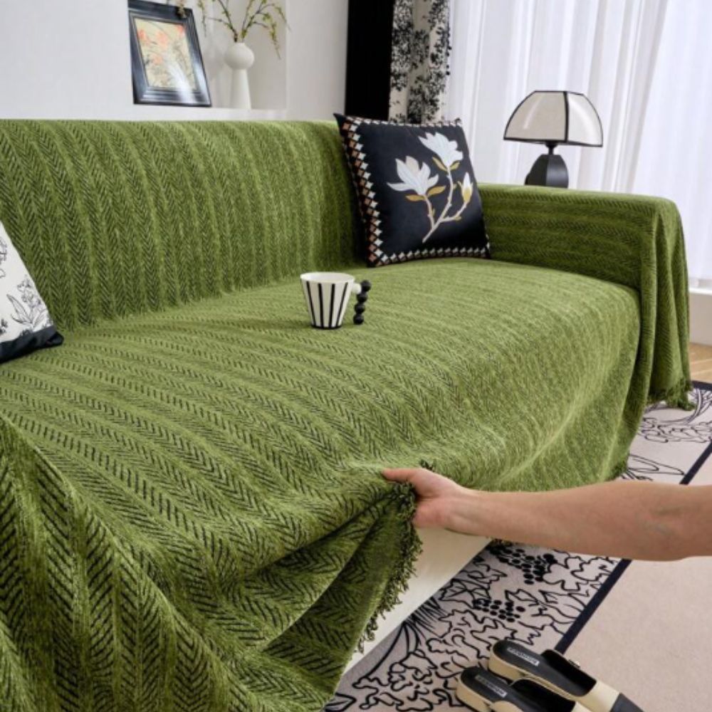 Heavyweight Chenille Herringbone Sofa Cover with Tassels, Non Slip | Herringbone Chenille Sofa Throw | Sofa Covers