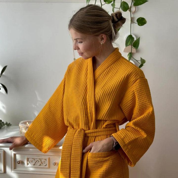 V-Neck Double-Layer Cotton Waffle Bathrobe with Pockets | Light, Absorbent Waffle Comfort | Robes