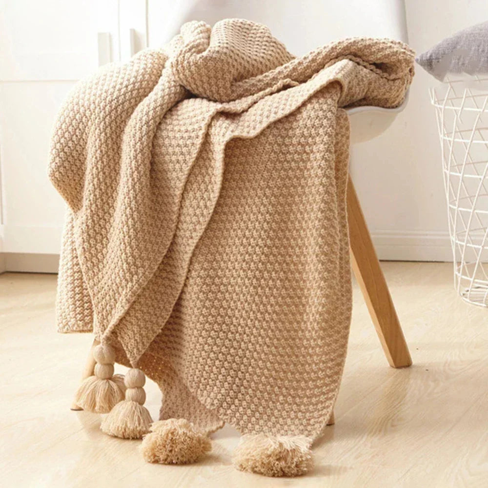 Handwoven Wool Blanket with Fringe and Knitted Pom-Poms | Scandinavian Wool Warmth with Fringe | Throw Blankets