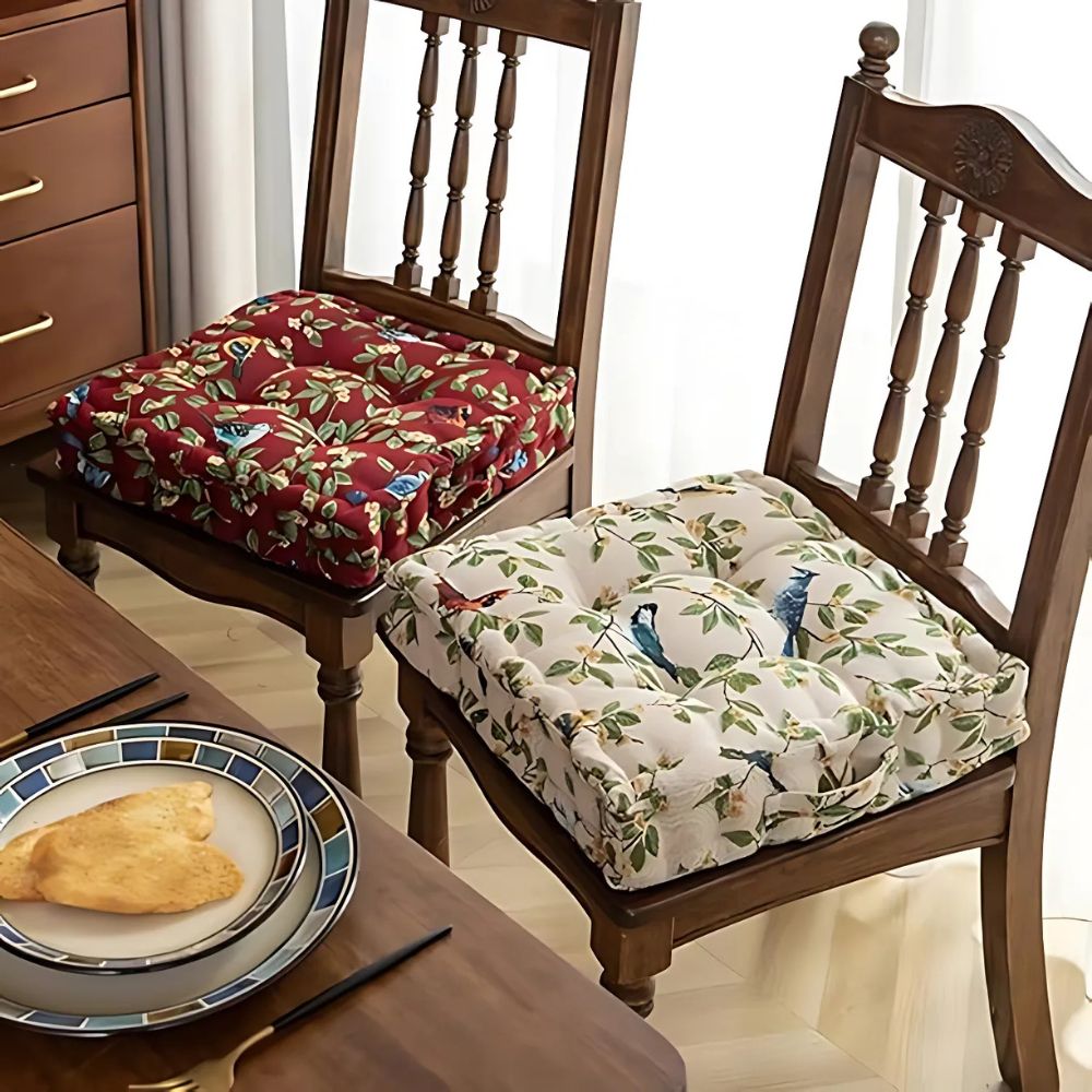 Whimsical Bird and Leaf Chair Cushion, Thick 16.5 Inch with Hand Strap | Storybook Birds for Hard Seats | Seat Cushions