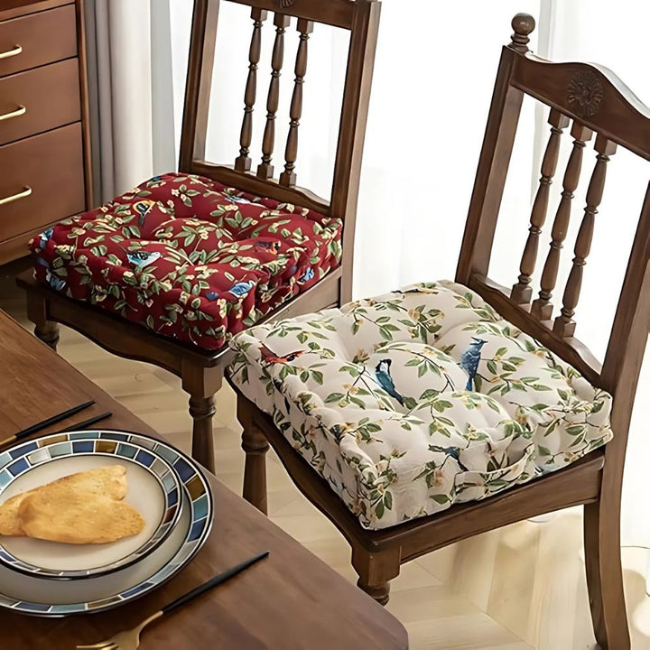 Whimsical Bird and Leaf Chair Cushion, Thick 16.5 Inch with Hand Strap | Storybook Birds for Hard Seats | Seat Cushions