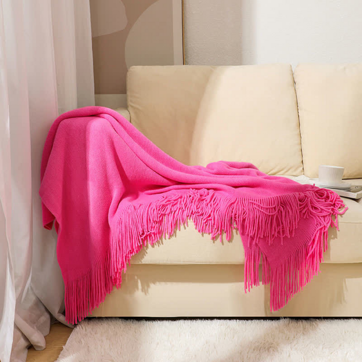 Chunky Knit Throw Blanket with Tassel Edges in Soft Acrylic | Chunky Knit Texture and Tassels | Throw Blankets
