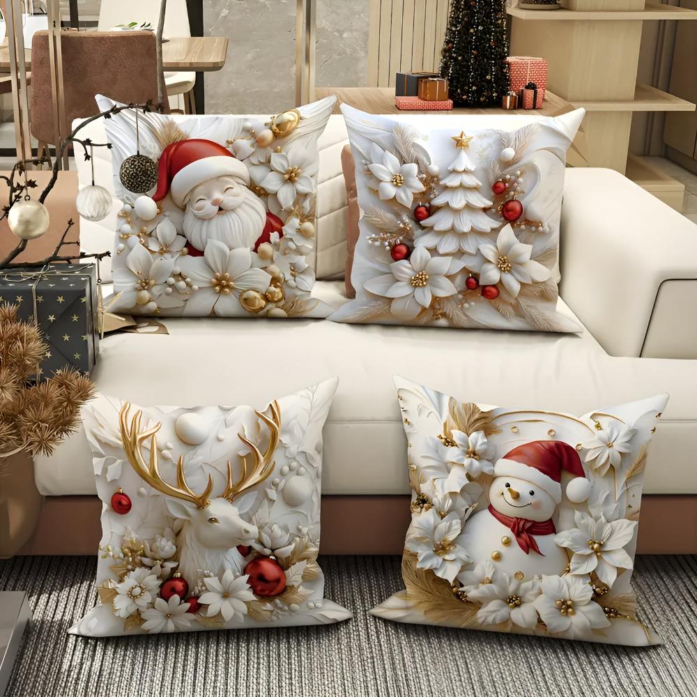 Christmas Velvet Cushion Covers, 4 Pack with Hidden Zip | Four Festive Designs in Velvet | Throw Pillows