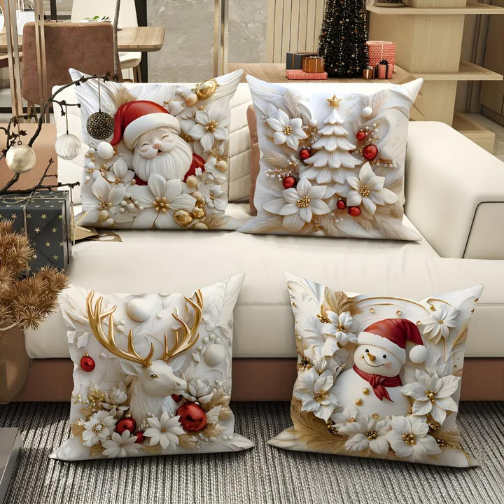 Christmas Velvet Cushion Covers, 4 Pack with Hidden Zip | Four Festive Designs in Velvet | Throw Pillows