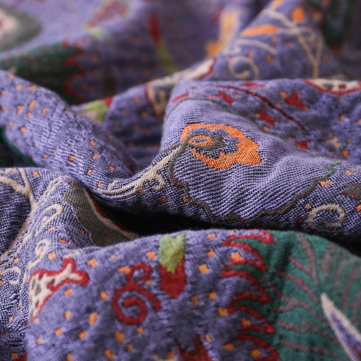Bohemian Peacock Cotton Gauze Tassel Blanket in Two Sizes | Peacock Pattern in Cotton Gauze | Throw Blankets