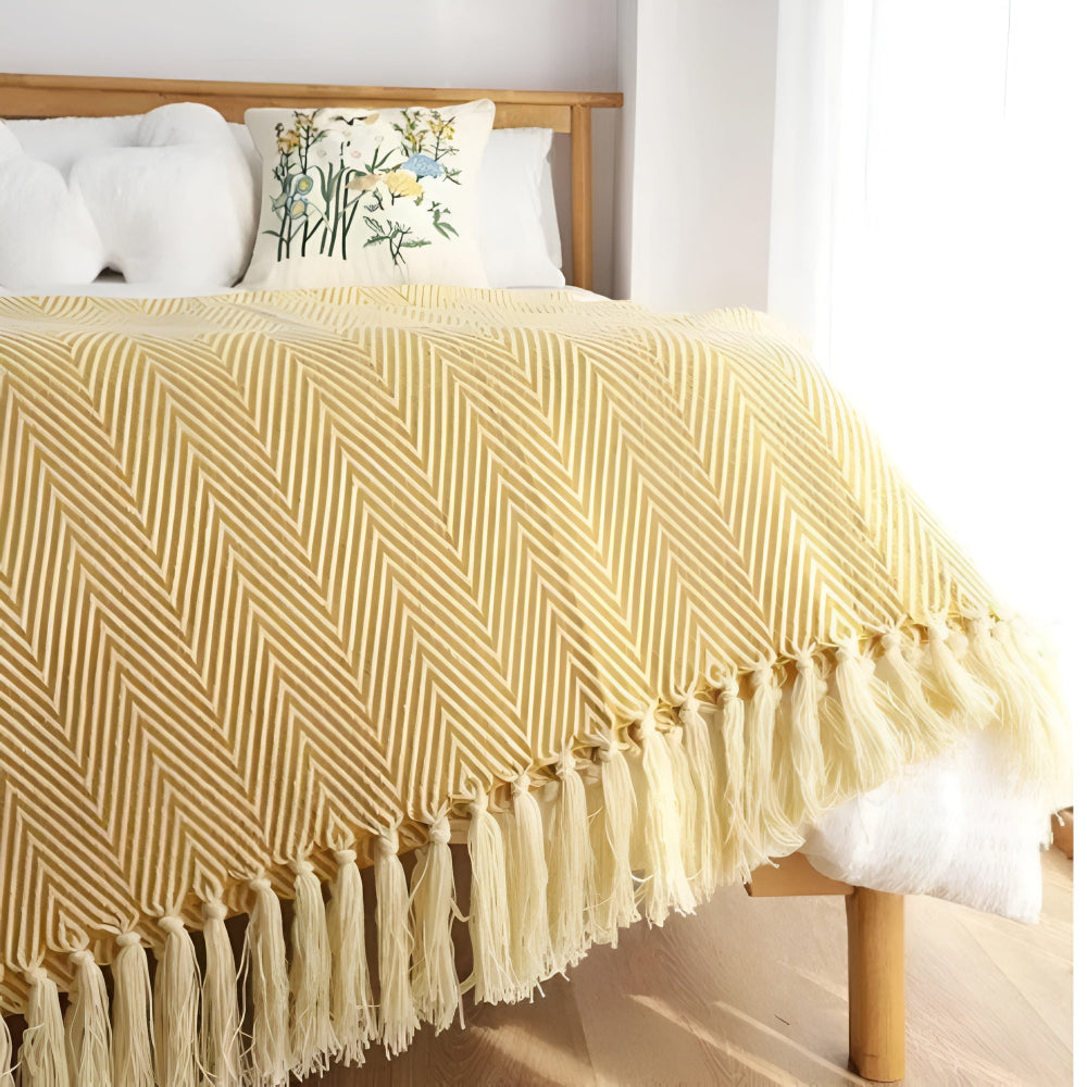 Herringbone Tassel Microfiber Knit Blanket for Sofa and Travel | Herringbone Weave with Tassels | Throw Blankets
