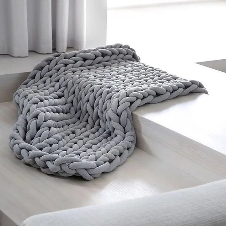 Chunky Hand-Knit Style Weighted Throw Blanket in Cream Brown Grey | Weighted Chunky Knit Calm | Weighted Blankets