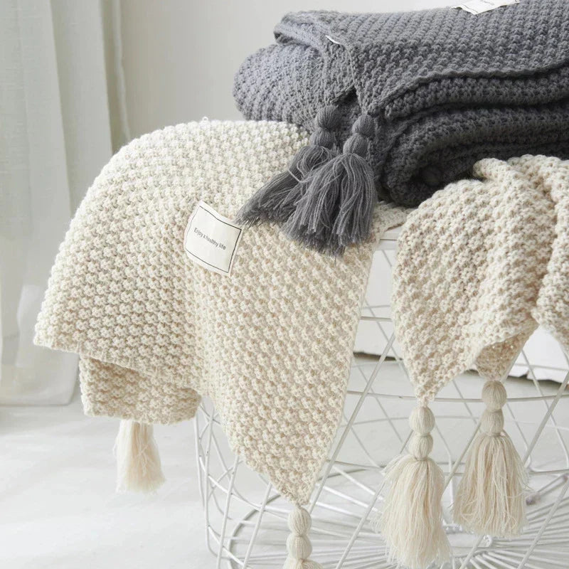 Handwoven Wool Blanket with Fringe and Knitted Pom-Poms | Scandinavian Wool Warmth with Fringe | Throw Blankets