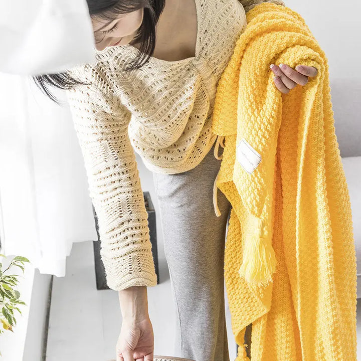 Handwoven Wool Blanket with Fringe and Knitted Pom-Poms | Scandinavian Wool Warmth with Fringe | Throw Blankets