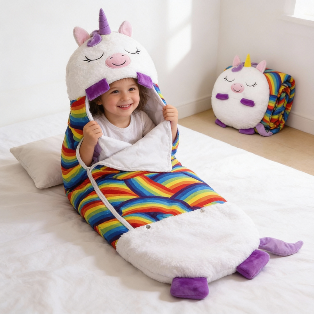 Animal Shape Kids Sleeping Bag That Folds into a Pillow | Fold-Away Animal Sleeping Bag | Kids Sleeping Bags