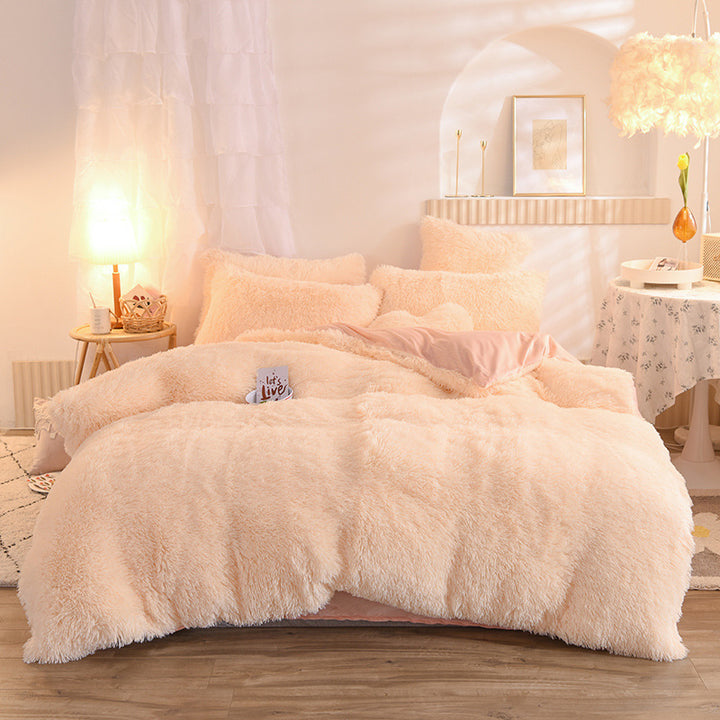 Fluffy plush bedding set on a double bed