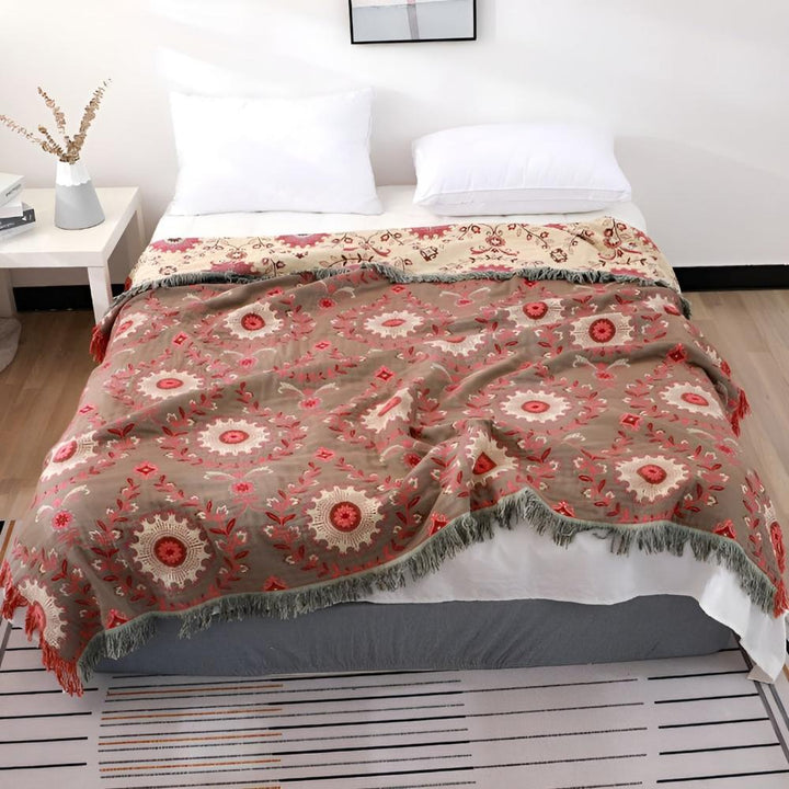 Reversible Retro Mandala Cotton Blanket in Green or Red | Retro Mandala, Everyday Cotton | Throw Blankets