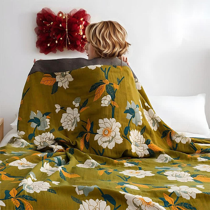 Olive Flower Jacquard Cotton Quilt with Double-Sided Boho Pattern | Vintage Olive Flower Quilt, Two Patterns | Quilts
