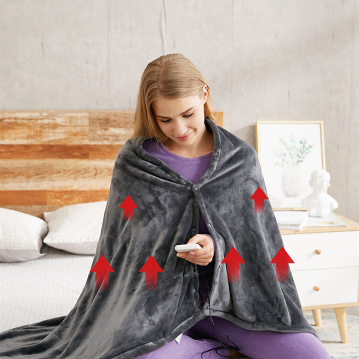 Grey USB heated shawl around the shoulders