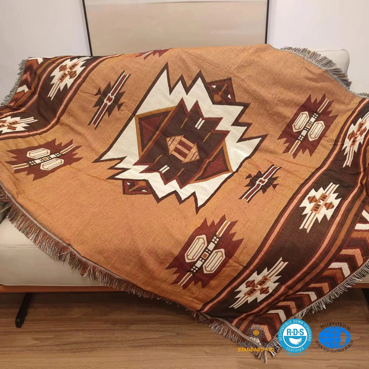 Brown Aztec Reversible Woven Throw Blanket with Tassel Fringe, 51x63 Inch | Southwestern Woven Throw with Fringe | Throw Blankets