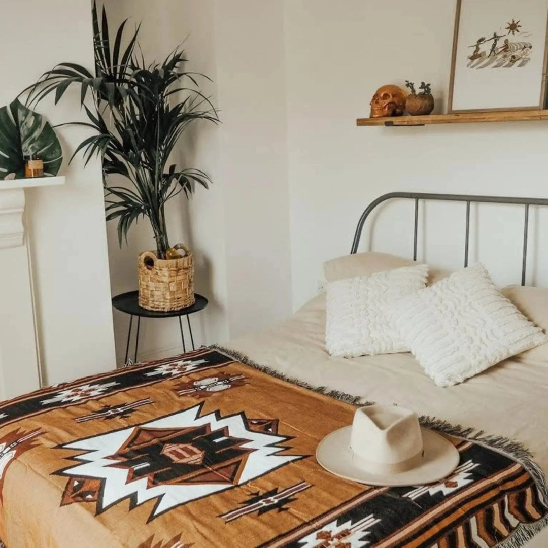 Brown Aztec Reversible Woven Throw Blanket with Tassel Fringe, 51x63 Inch | Southwestern Woven Throw with Fringe | Throw Blankets