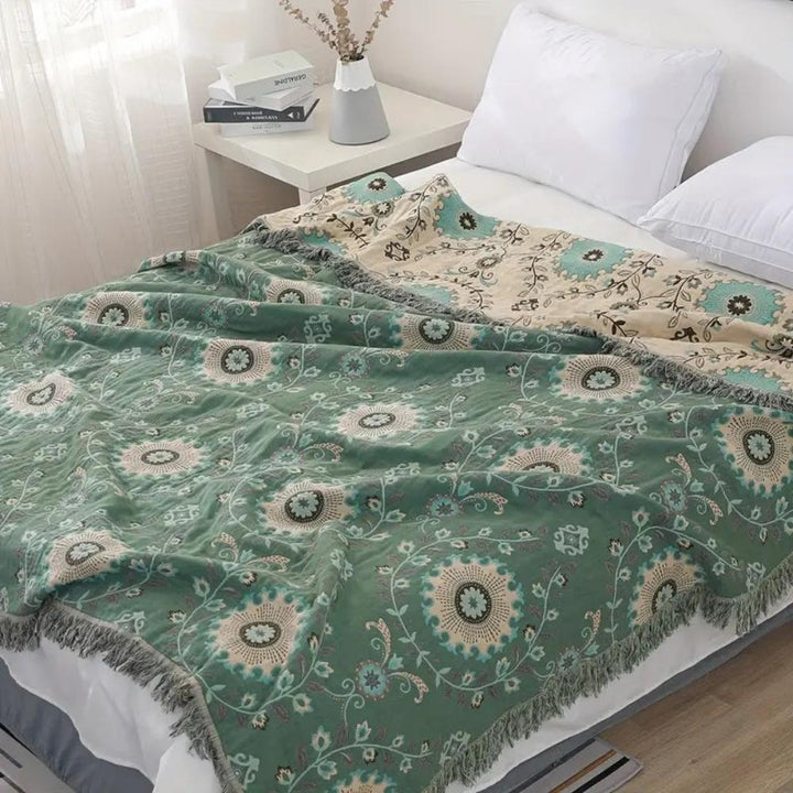 Reversible Retro Mandala Cotton Blanket in Green or Red | Retro Mandala, Everyday Cotton | Throw Blankets