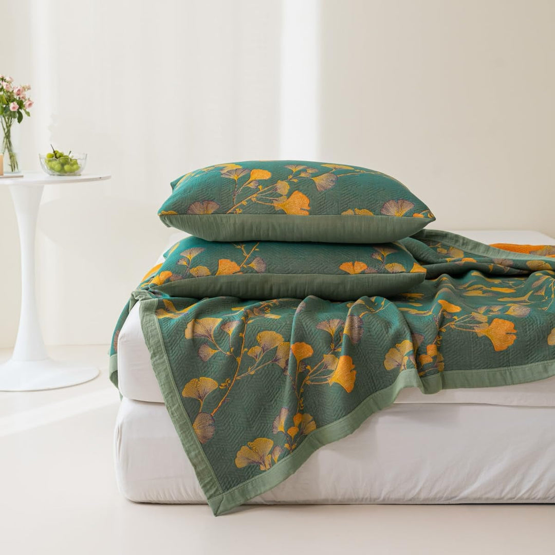 Reversible Jacquard Floral Ginkgo Leaves Coverlet in Four Sizes | Ginkgo Leaf Coverlet, Two Looks | Bedding Sets