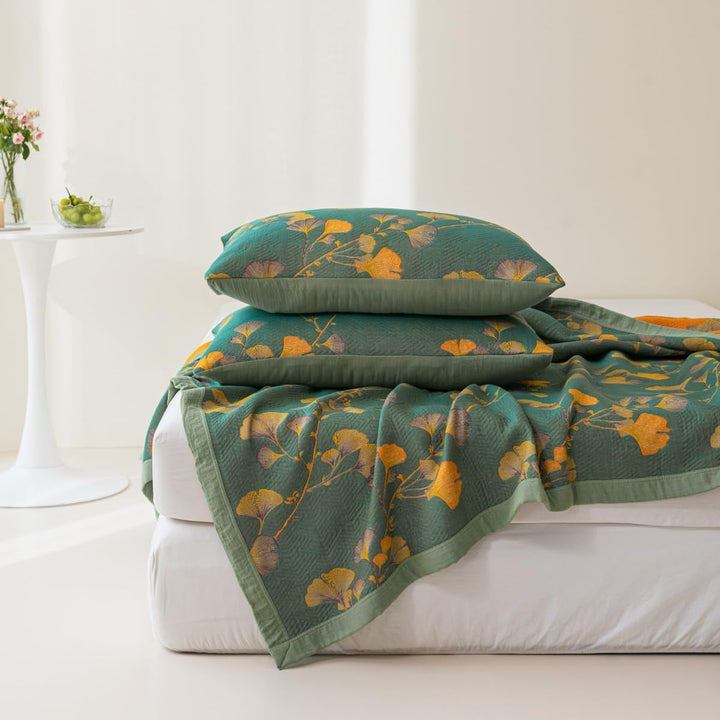 Reversible Jacquard Floral Ginkgo Leaves Coverlet in Four Sizes | Ginkgo Leaf Coverlet, Two Looks | Bedding Sets