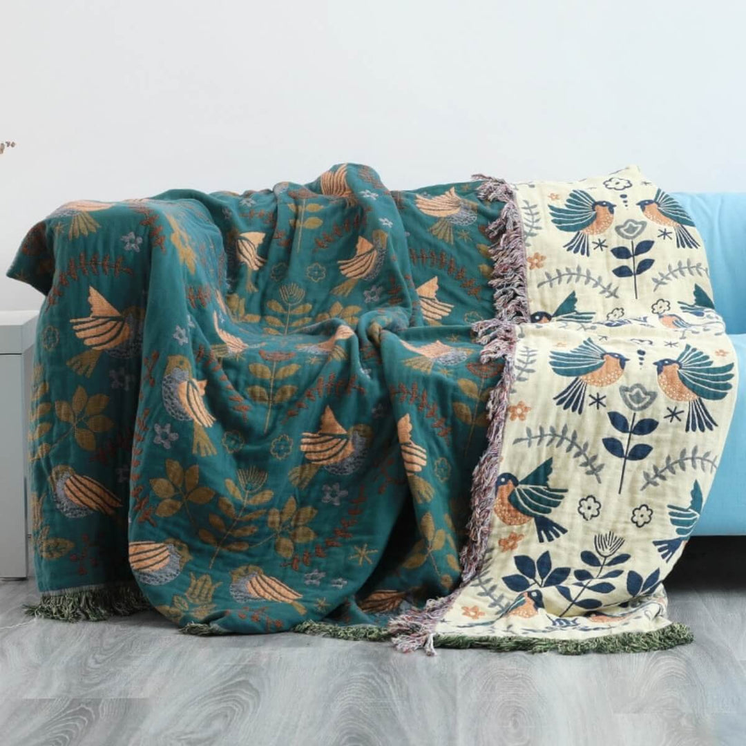 Reversible Cotton Scandinavian Bird Throw Blanket in Three Sizes | Two Looks in One Cotton Throw | Throw Blankets