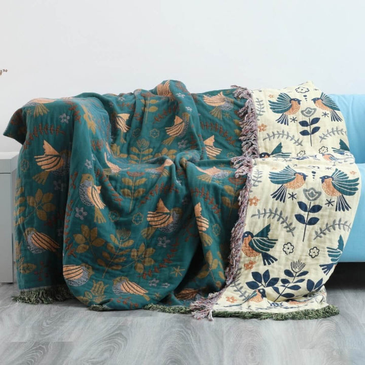 Reversible Cotton Scandinavian Bird Throw Blanket in Three Sizes | Two Looks in One Cotton Throw | Throw Blankets