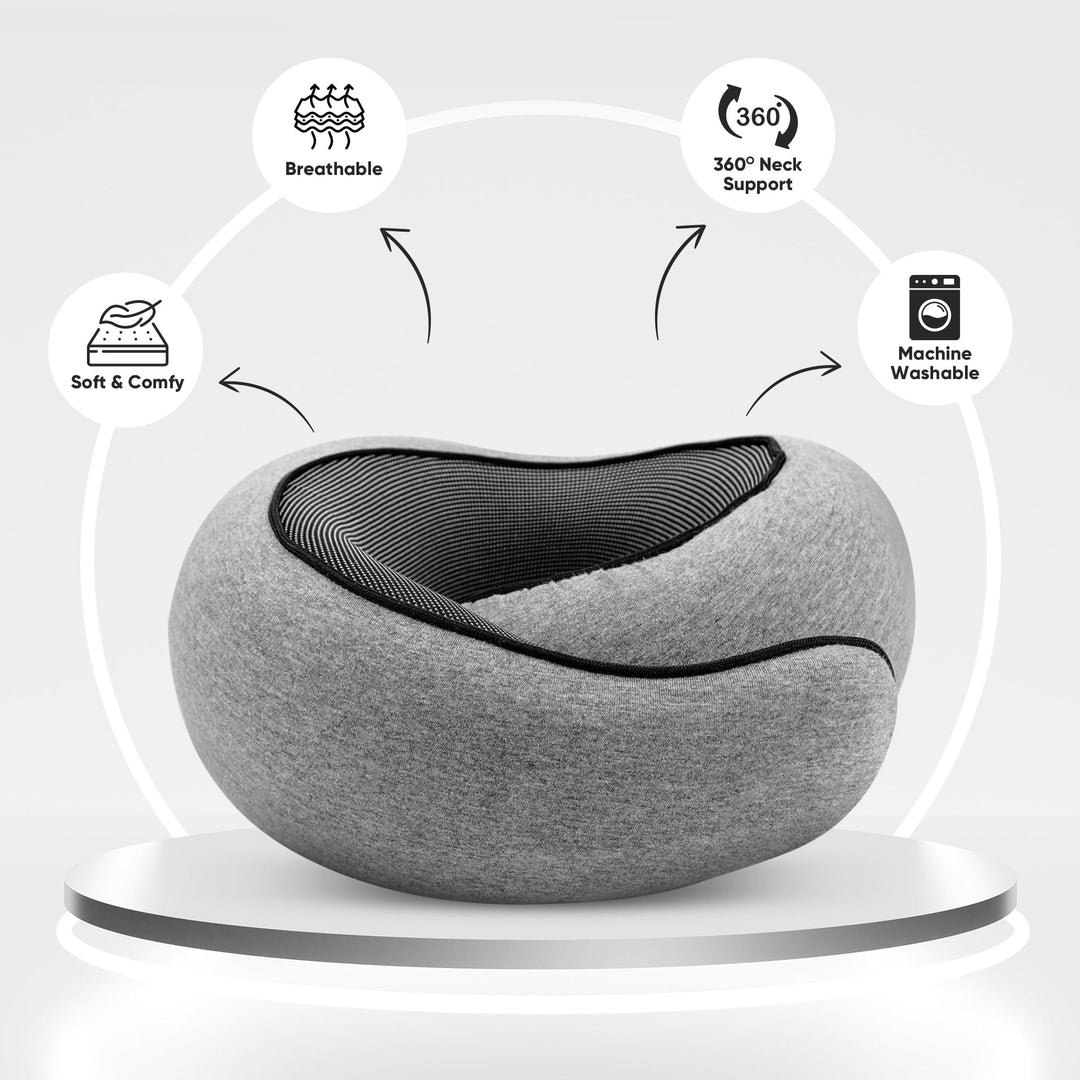 Memory Foam Travel Neck Pillow with Snap Closure and Free Eye Mask | Secure Neck Support With Travel Extras | Travel Pillows