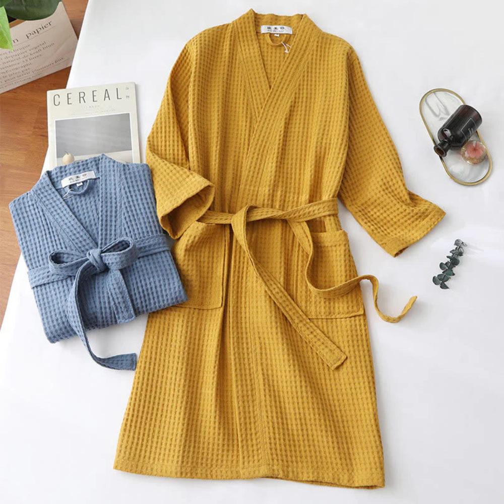 V-Neck Double-Layer Cotton Waffle Bathrobe with Pockets | Light, Absorbent Waffle Comfort | Robes