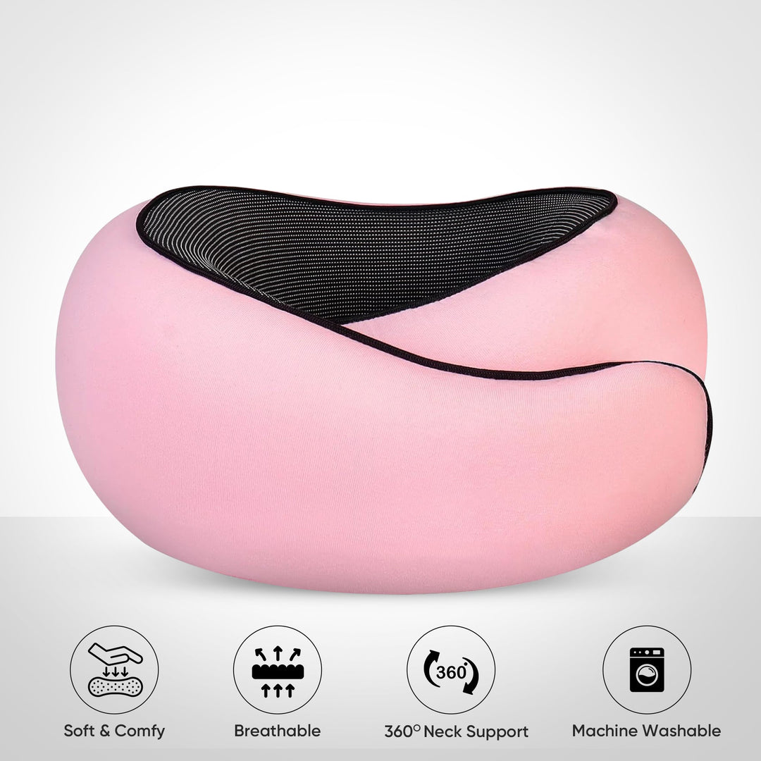 Memory Foam Travel Neck Pillow with Snap Closure and Free Eye Mask | Secure Neck Support With Travel Extras | Travel Pillows