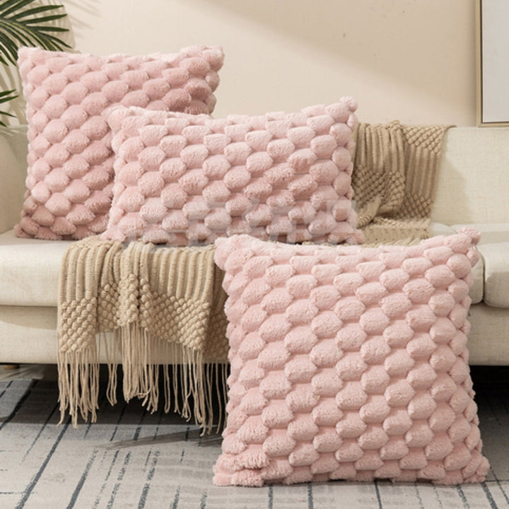 Marshmallow Plush Cushion Cover with 3D Grid Texture and Zipper | Puffy 3D Plush Cushion Covers | Cushion Covers