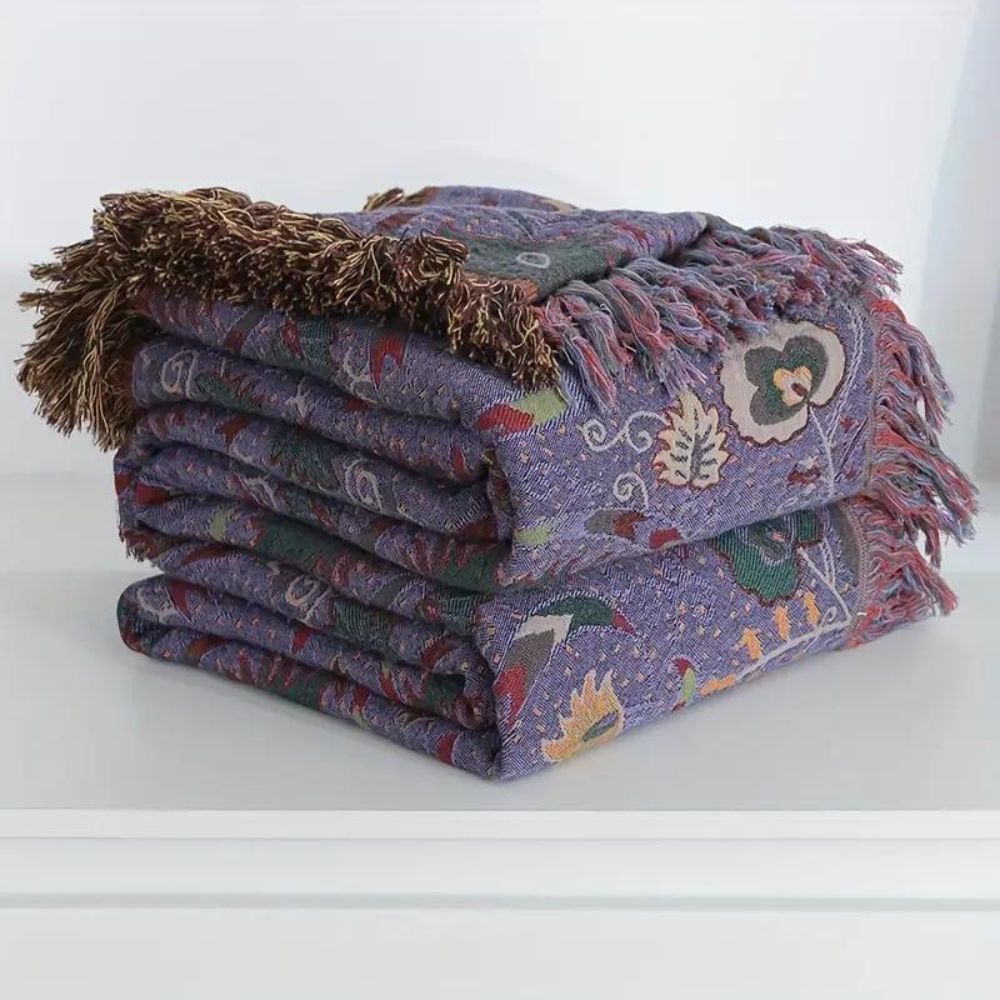Bohemian Peacock Cotton Gauze Tassel Blanket in Two Sizes | Peacock Pattern in Cotton Gauze | Throw Blankets