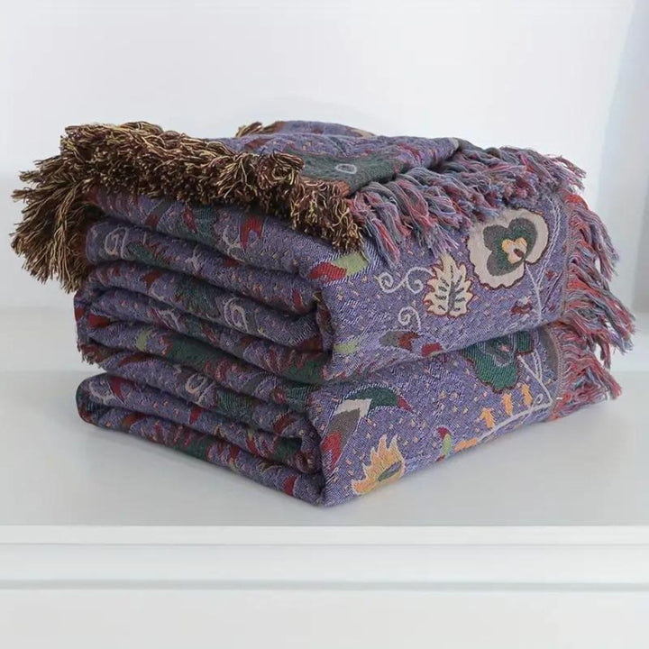 Bohemian Peacock Cotton Gauze Tassel Blanket in Two Sizes | Peacock Pattern in Cotton Gauze | Throw Blankets