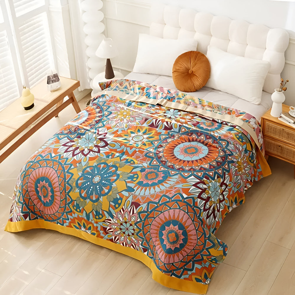 Moroccan Jacquard Floral Cotton Blanket for Bed and Sofa | Woven Moroccan Pattern, Pure Cotton | Throw Blankets