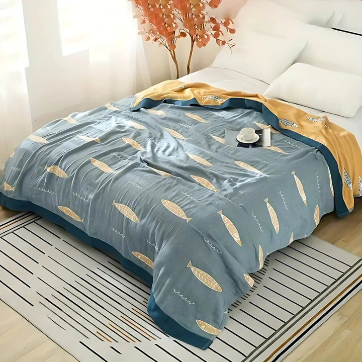 Golden Fish Reversible Cotton Gauze Blanket, Jacquard Weave | Playful Golden Fish on Soft Gauze | Throw Blankets