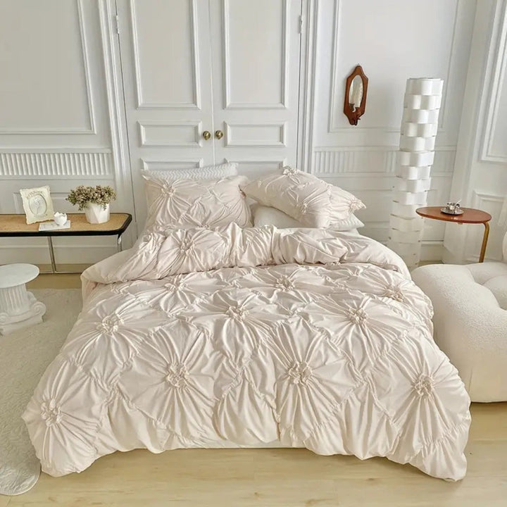 Ruffle Flower Pinch Pleated Duvet Cover Set with Pillowcases | Pinch Pleats and Ruffled Flowers | Bedding Sets