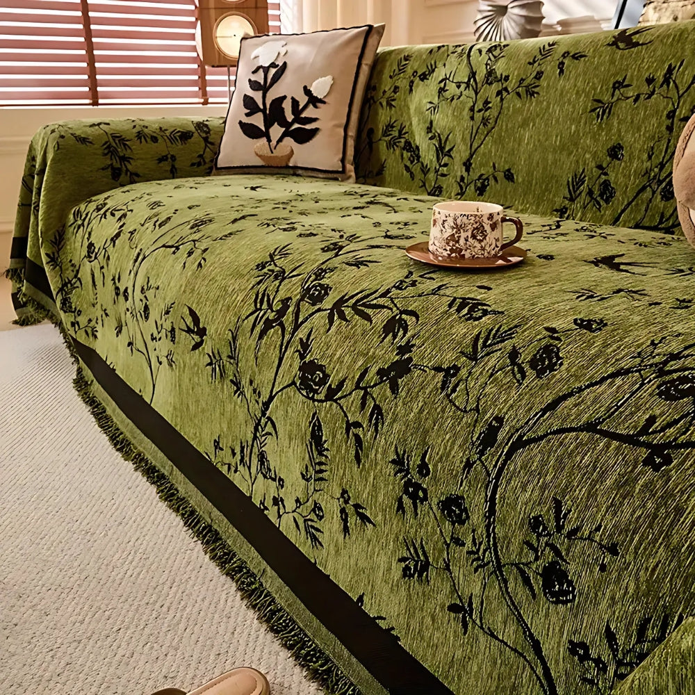 Floral Jacquard Chenille Sofa Cover with Tassel Edging, Anti Slip | Garden-Style Chenille Sofa Cover | Sofa Covers