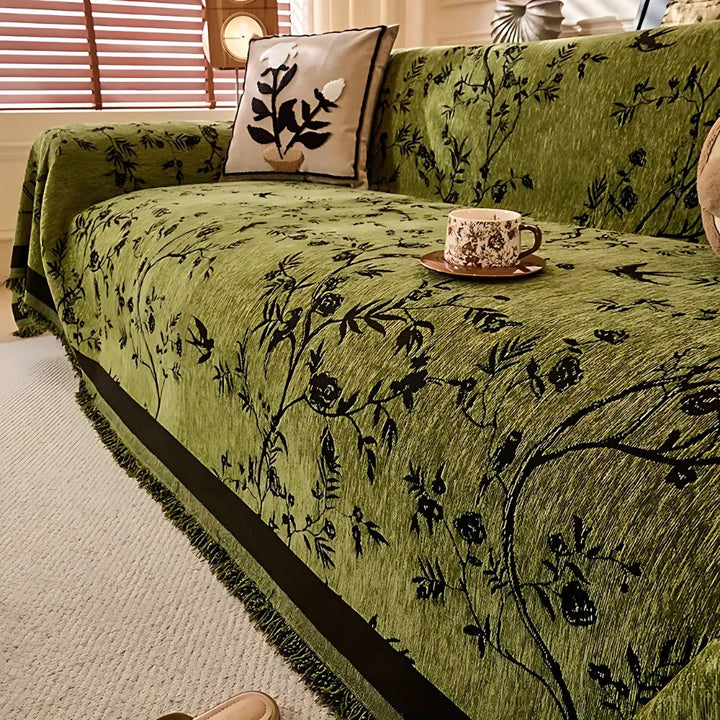 Floral Jacquard Chenille Sofa Cover with Tassel Edging, Anti Slip | Garden-Style Chenille Sofa Cover | Sofa Covers